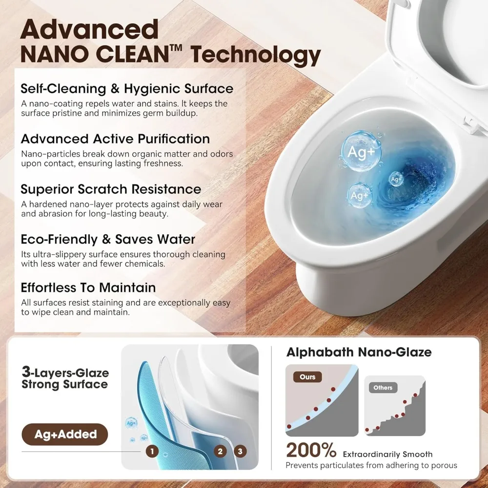 

17 Inch Comfort Height Toilet with Soft Close Seat Two-Piece Nano Self-Cleaning Glaze 1.27 GPF Water Efficiency for Bathroom