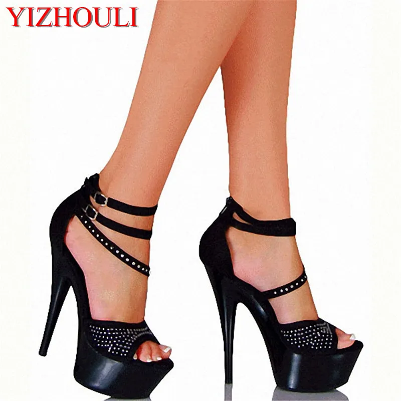 

15cm ultra high heels sandals rivets open toe cover heel with the temptation to shoes 6 inch Platform dance shoes