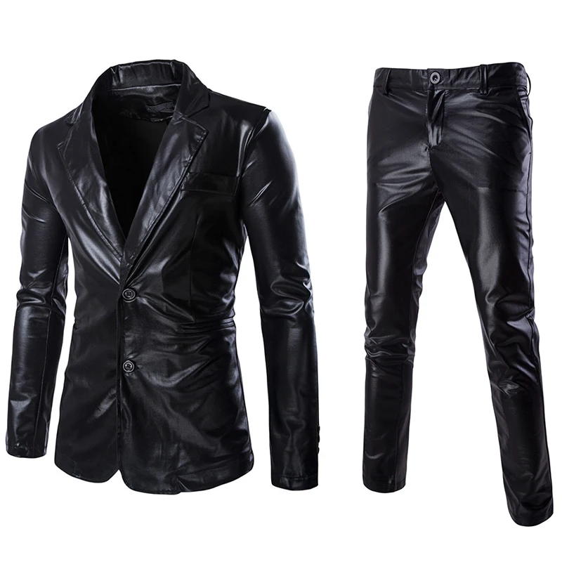 Fashion Reflective Fabric Two Piece Suit Male Autumn Plus Size Shiny Silver Casual Suit Set Men Slim Fit Suit Blazer 2 Piece Set