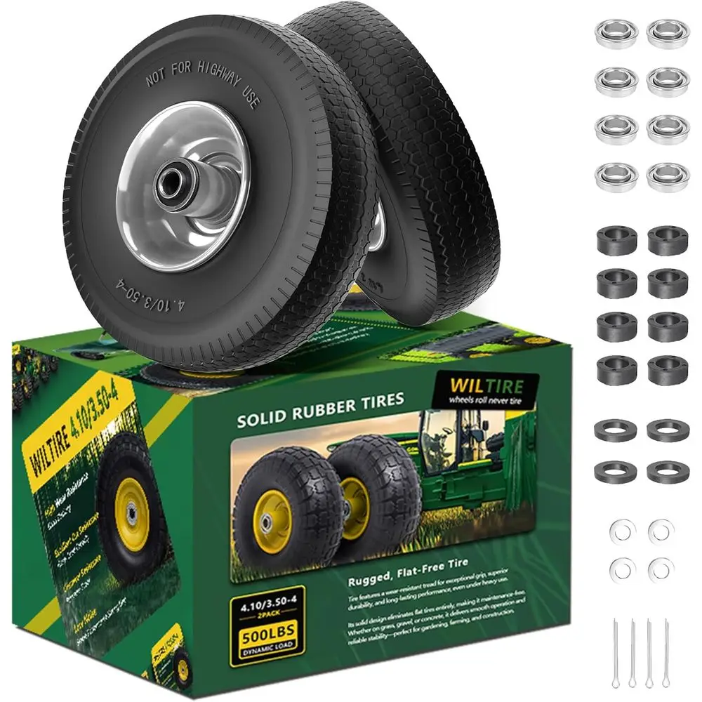 

Комплект из 2 шин и колес 10 дюймов (4.10x3.50-4) из латекса с подшипниками 5/8 и 3/4, ступица с вылетом 2.2 - Подходит для ручных тележек и тележек с грузовым отсеком
