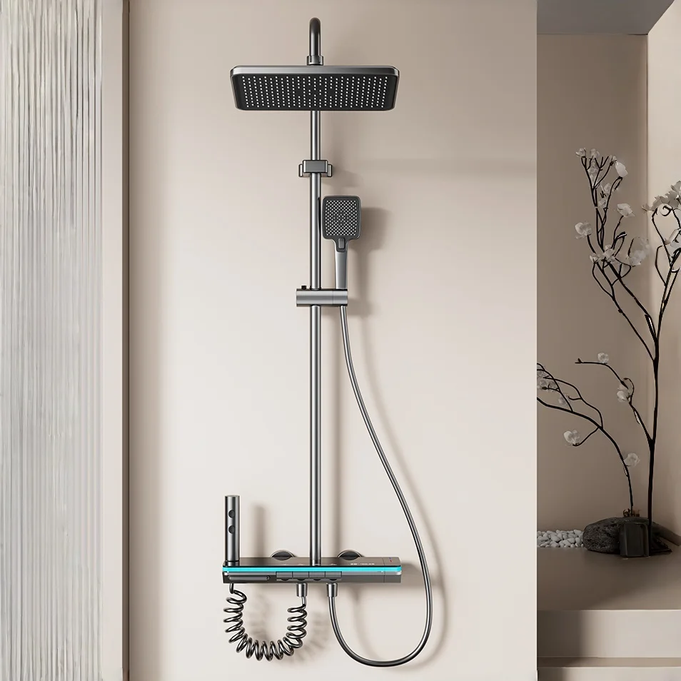 

Luxury Modern Gunmetal Gray Shower Head Set Slide Bar Brushed Aluminum Construction Pressure-Boosting Technology Rain Soft Spray