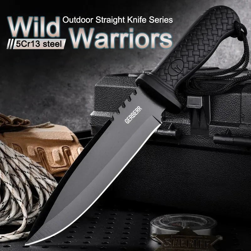 1 cuchillo de caza multiusos para exteriores, caja de cuero grabada vintage, con cuero afilado para acampar, barbacoa
