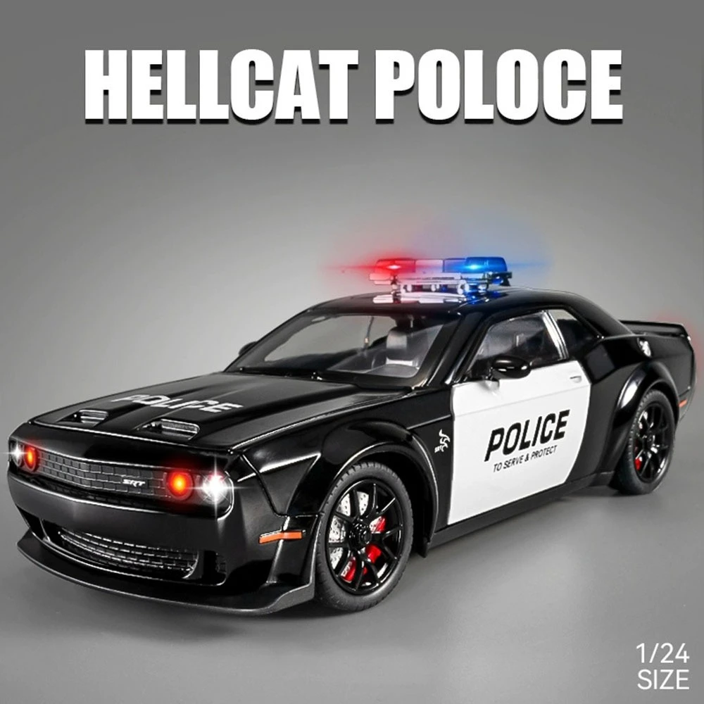 1:24 Challenger SRT Hellcat Police Car Mammoth Charger 1970 Alloy Deicast Toys Miniature Model Doors Opened Sound Light Boy Gift
