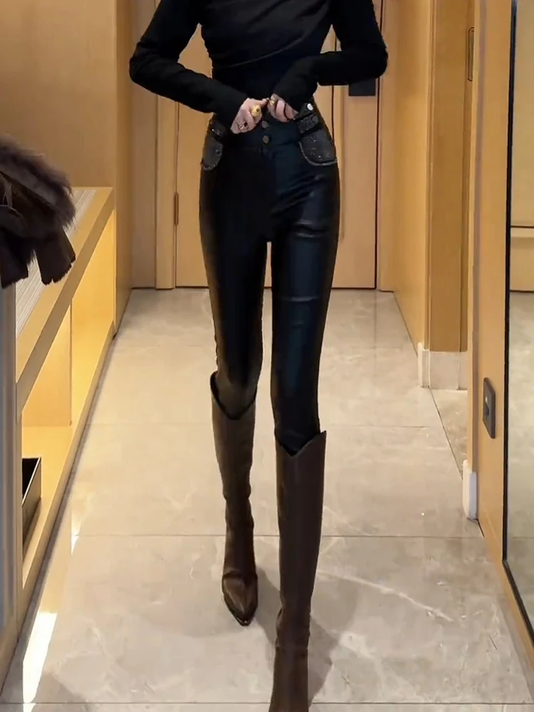 

rhinestone Woman Faux Leather Pants Female Glossy Zipper Folds Hip-lift Leggings Motorcycle Pants Women