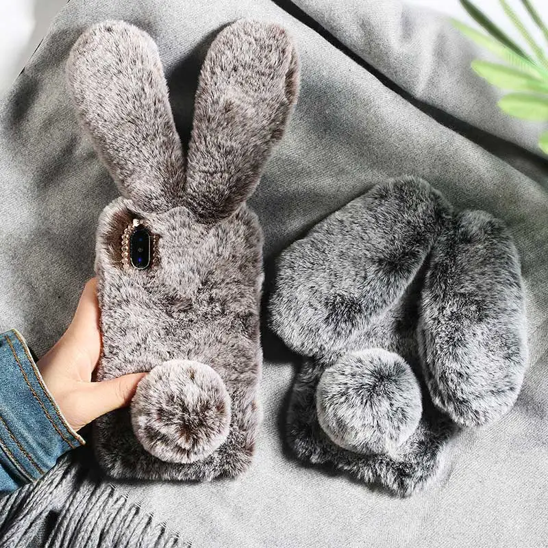 Plush Warm Phone Case for iPhone XS XR X 11 12 13 15 Pro Max Rabbit Ears Furry fluffy Fur Cover for iPhone 6 6S 7 8 Plus Cases