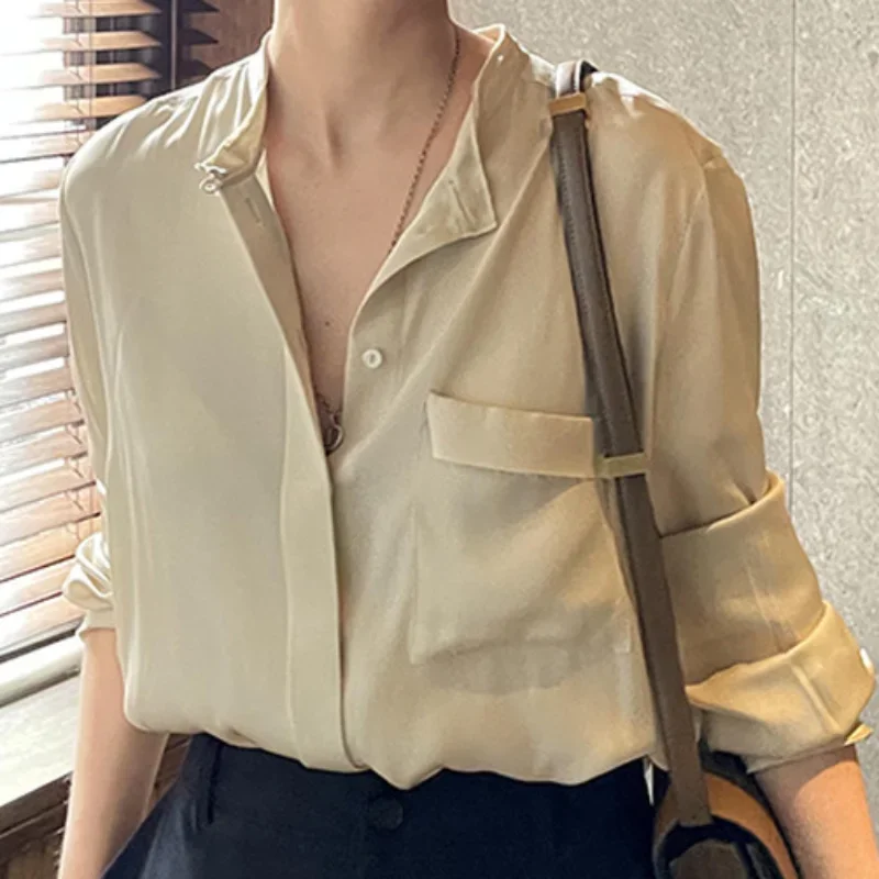 2023 Spring and Summer New Long-sleeved Round Neck Loose  Elastic Double Mulberry  Shirt