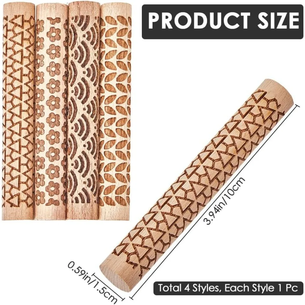 Set of 4 Clay Modeling Pattern Rollers Kit 3 Style Flower Sea Wave Leave Triangle Textured Rolling Pins Potters Stamp Roller