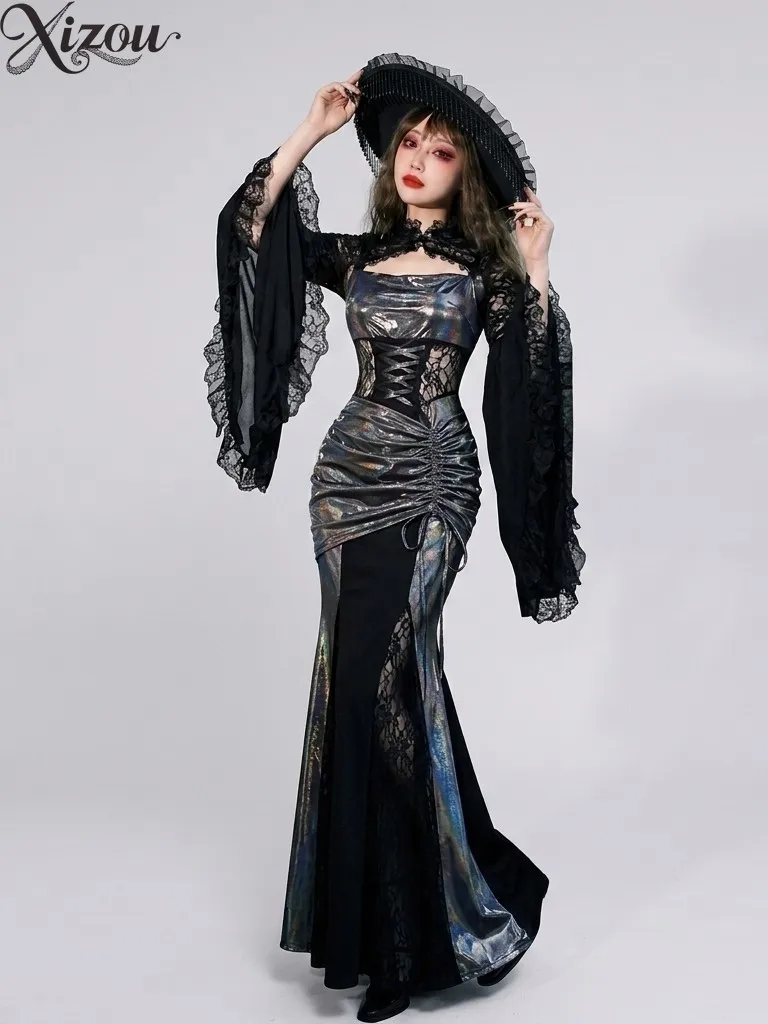 Halloween Gothic Widow Two Piece Set Lace Bell Flare Sleeve Shawl Shrug Metallic Satin Mermaid Long Dress Dark Cosplay Costume