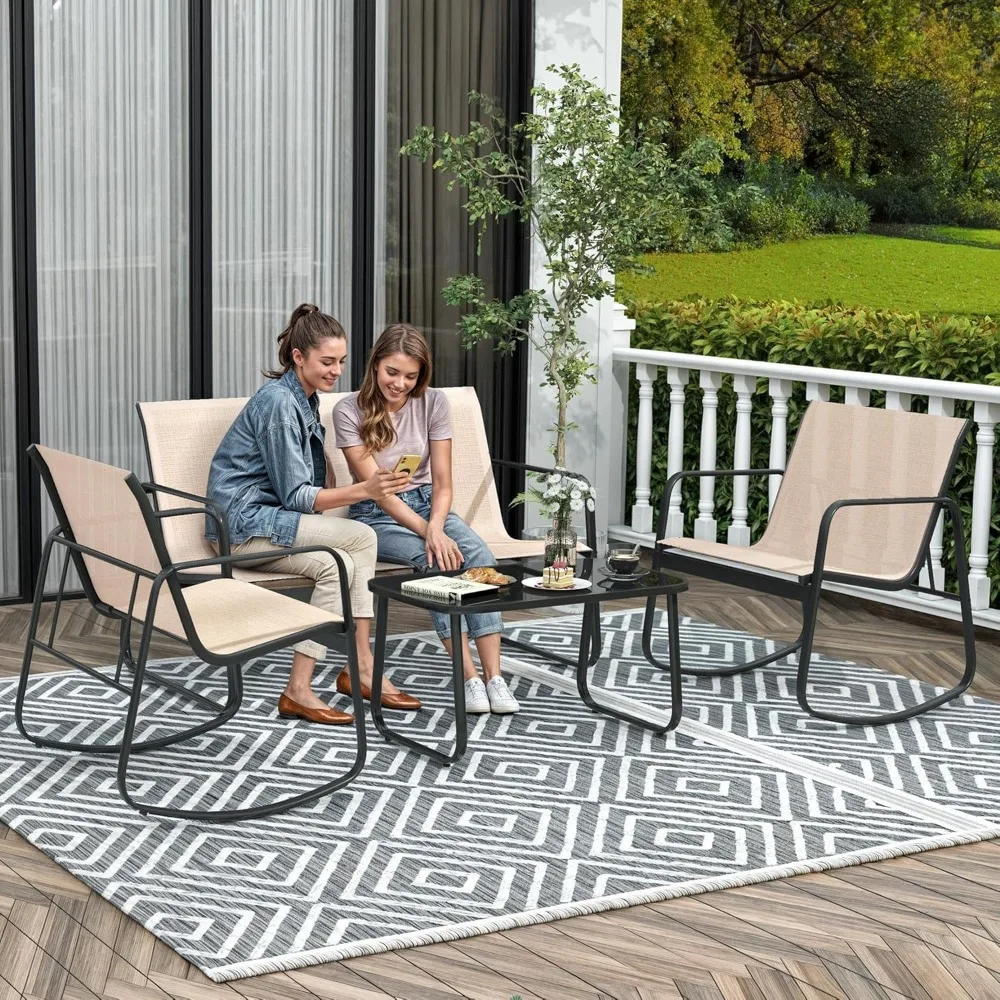 4 Piece Patio Furniture Set, Outdoor Conversation Sets for Patio, Lawn, Garden with Rocking Chair Set of 2 and Glass Table