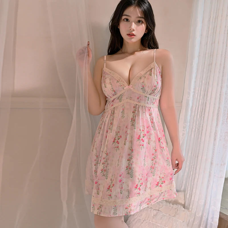 

Plus Size Women's Deep V Satin Nightdress Set with Padded Bra Sweet Sexy Printed Lingerie Homewear 2025