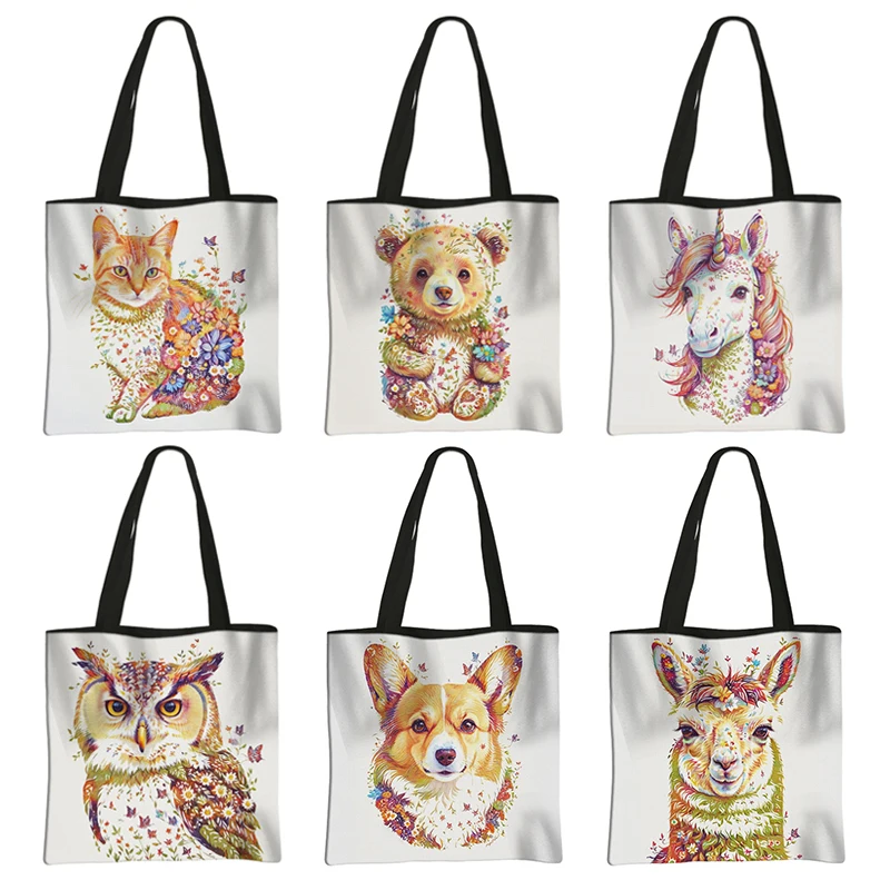 

Fantasy Flower Cat Print Shoulder Bag Watercolor Owl Llama Corgi Animal Tote Bags Women Shoulder Bags Large Capacity Storage Bag