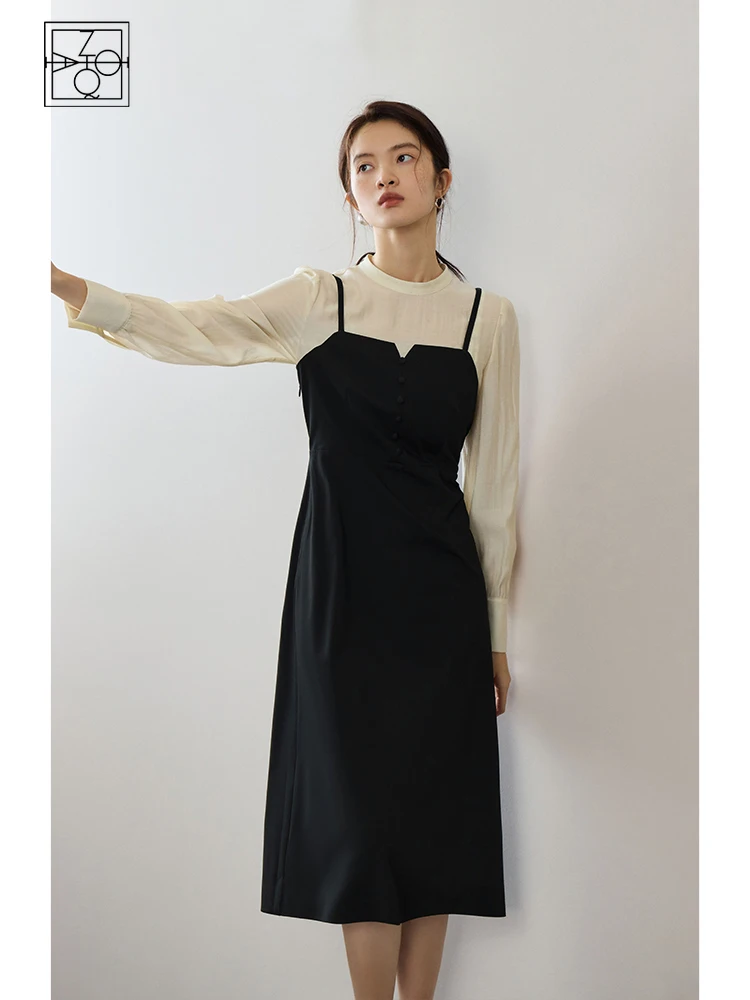 ZIQIAO Patchwork Design Women Twill Dress Half High Collar Office Lady Autumn Long Puff Sleeve A-LINE Skirts Female Dresses