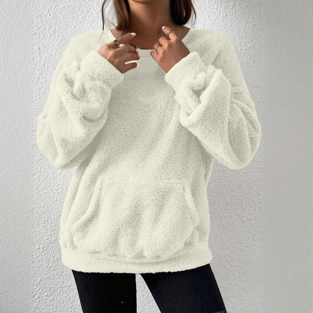 

Women's Autumn Sweater Comfortable Long Sleeve Round-Neck Top with Kangaroo Pocket for Daily Wear Plain Style