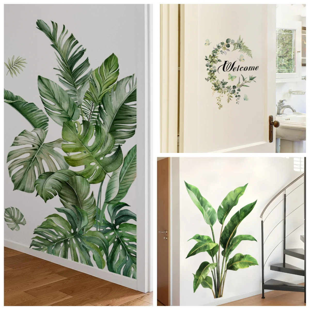 ملصقات حائط من الفينيل المزخرفة بأوراق خضراء لديكور الحائط وإكسسوارات غرفة النوم وورق الحائط اللاصق وملصقات الأثاث وديكور الغرفة