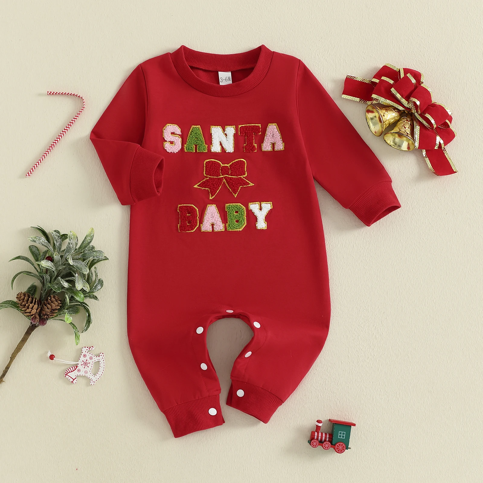 2025 Baby Christmas Romper Bow Letter Embroidery Long Sleeve Round Neck Full Length Jumpsuit
