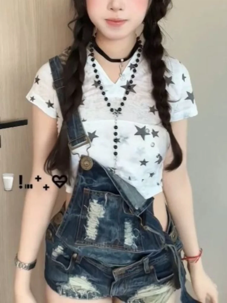 Y2K Cute Sexy Star Print Ripped Denim Overalls Shorts 2 Piece Sets Bunny Ear Crop Top For Women Girls Daily Wear Kawaii Clubwear