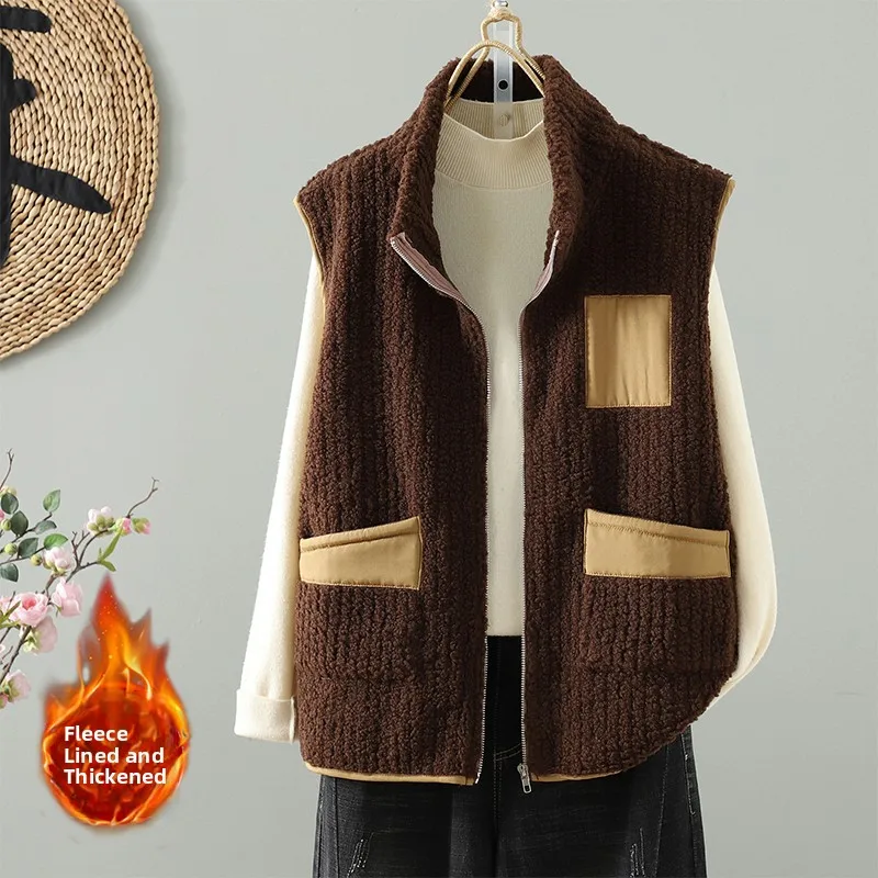 

Autumn Winter Street Sle Loose Fit Faux Lamb Fur Vest ort Outdoor Women's Faion Sweet Sle Patchwork High Collar Zipper