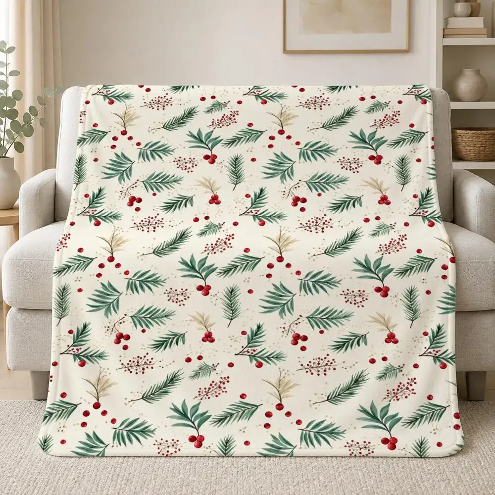 Cozy Christmas Botanical Cream Base Pine Needle Red Berry Throw Soft Plush Flannel Throw Blanket Sofa Bed Travel Home Decor