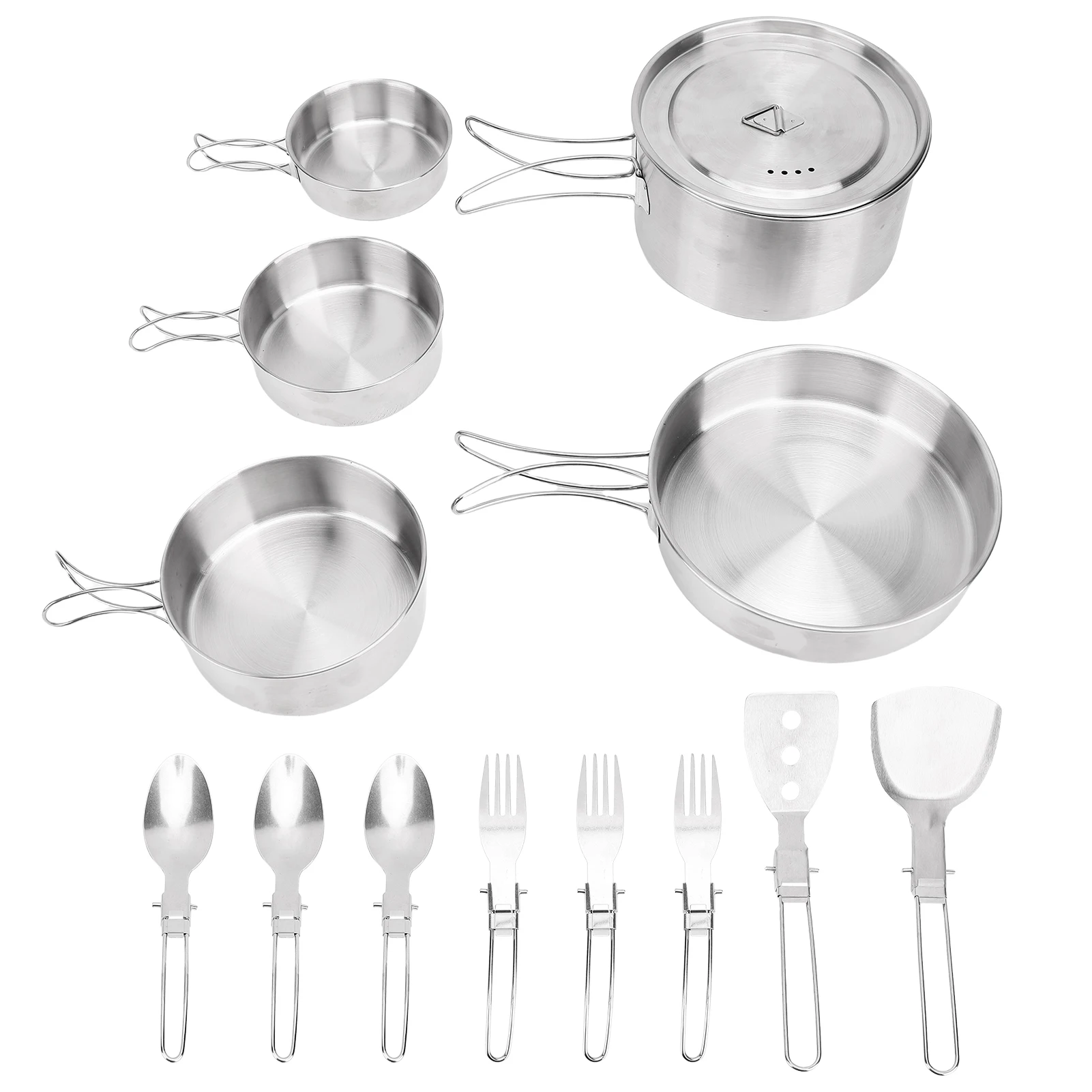 

Camp Cookware Stainless Steel Camping Cookware Set Foldable Handle Portable Cookware Lightweight Cookware Set For 3 People