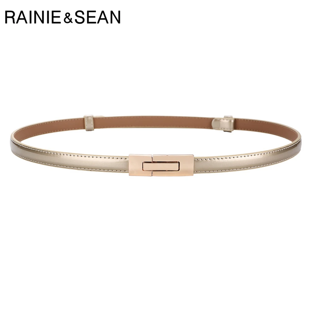 

RAINIE SEAN Golden Buckle Belt Thin Women Belt Patent Leather Ladies Waist Belt for Dress Cowskin Strap Accessories 96cm Black