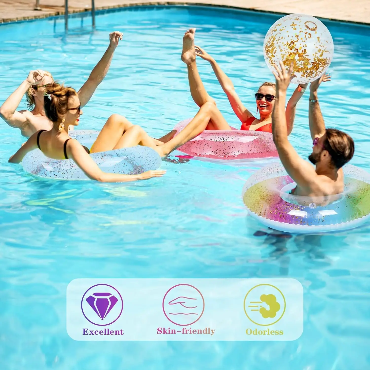 6 Packs Pool Floats Inflatable Pool Floats Colorful Sparkling Glitter Swim Rings with Sequined Beach Ball and Pump for Beach Par