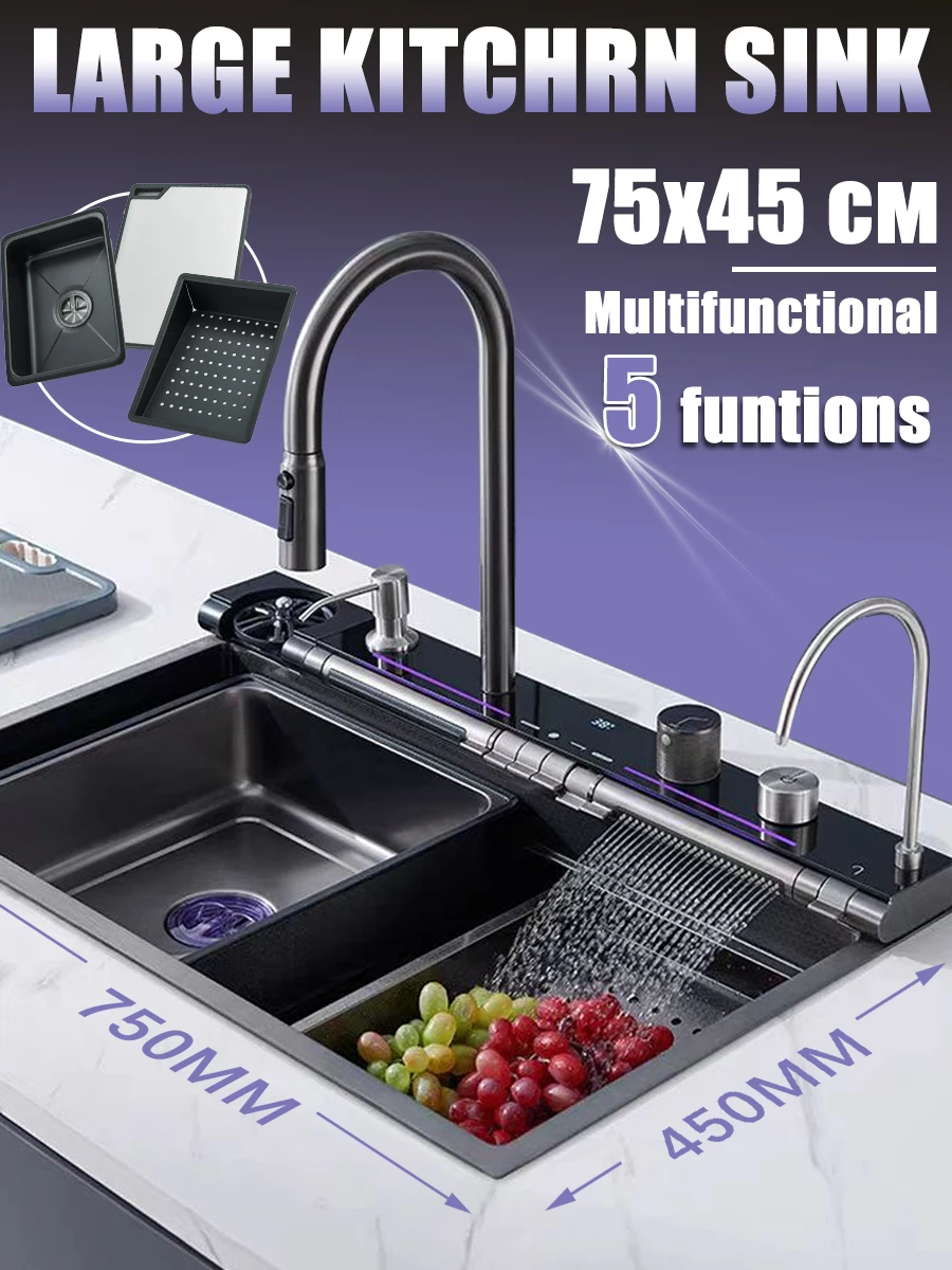 Pia de cozinha de aço inoxidável 304 com torneira cascata com display digital, multifuncional 75*45cm grande pia de baleia de slot único