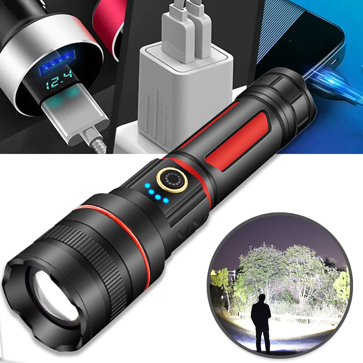 

P80 Tactical Flashlight USB Rechargeable Outdoor Patrol Zoom Strong Light Flashlight Multi-function Emergency Light