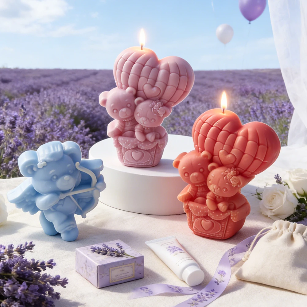 Cute Bear Cupid Aroma Candle Silicone Mold Handmade Gifts Gypsum Casting Couple Bears Molds Soap Candle Making Supplies