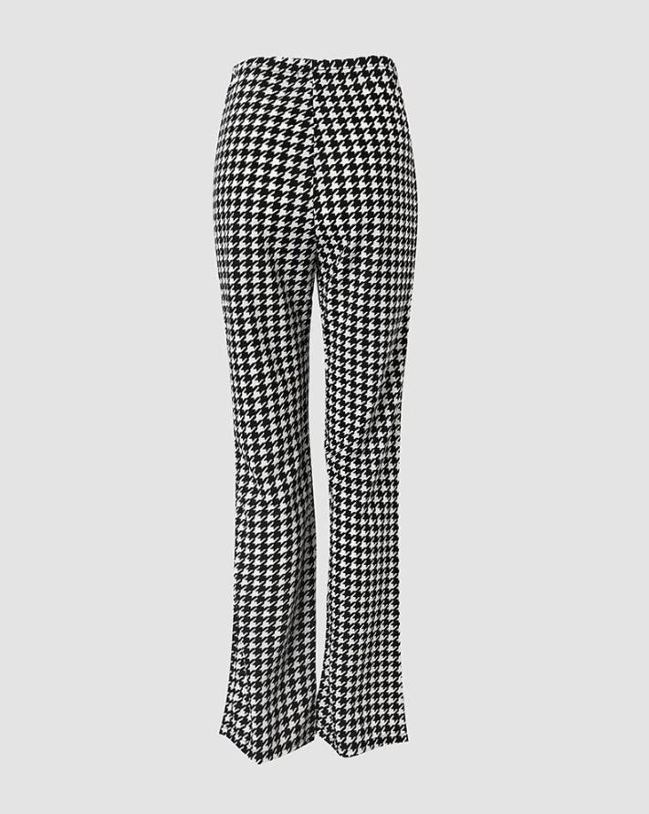 Elegant Women\'s Pants 2024 Spring Fashion Houndstooth Print Buttoned High Waist Wide Leg Casual Long Work Tailored Pants