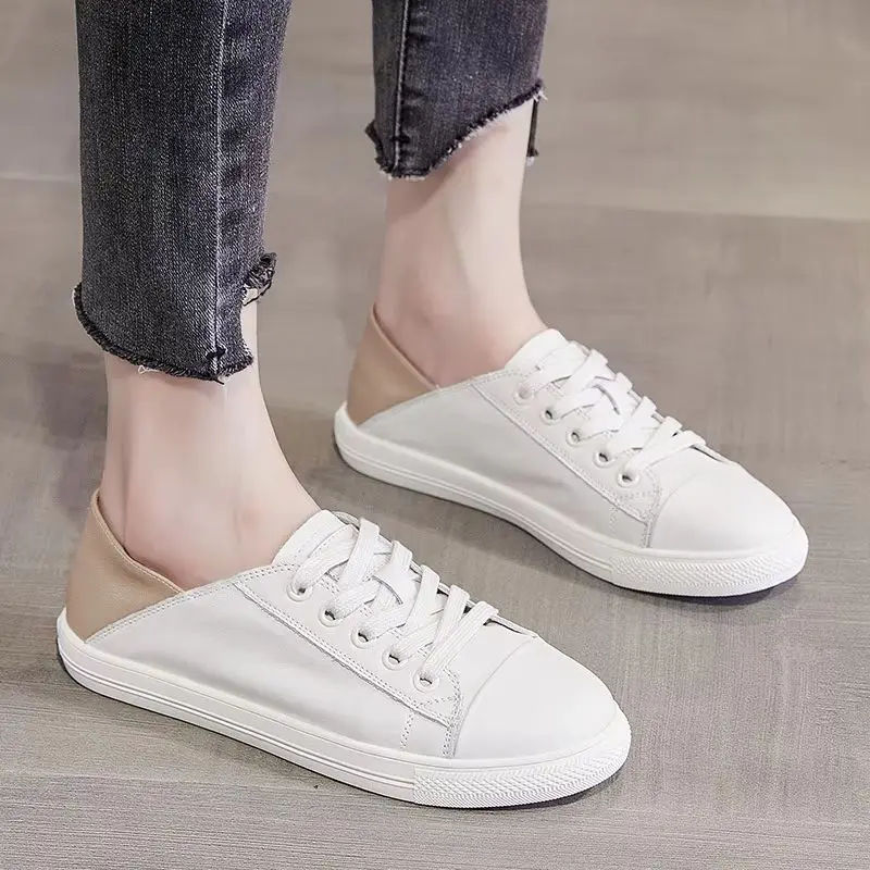 Two Ways Wear Contrast Green Heel Genuine Leather White Sneakers For Women 2026 Summer New Fold Down Collapsible Heel Lace Up - view 3