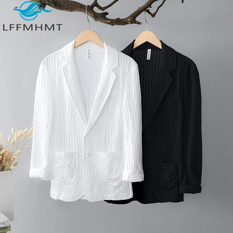 Men's Japan Style Stripe Texture Casual Blazer All Season Loose Solid Color White Black Simple Basic Suit Coat Daily Wear