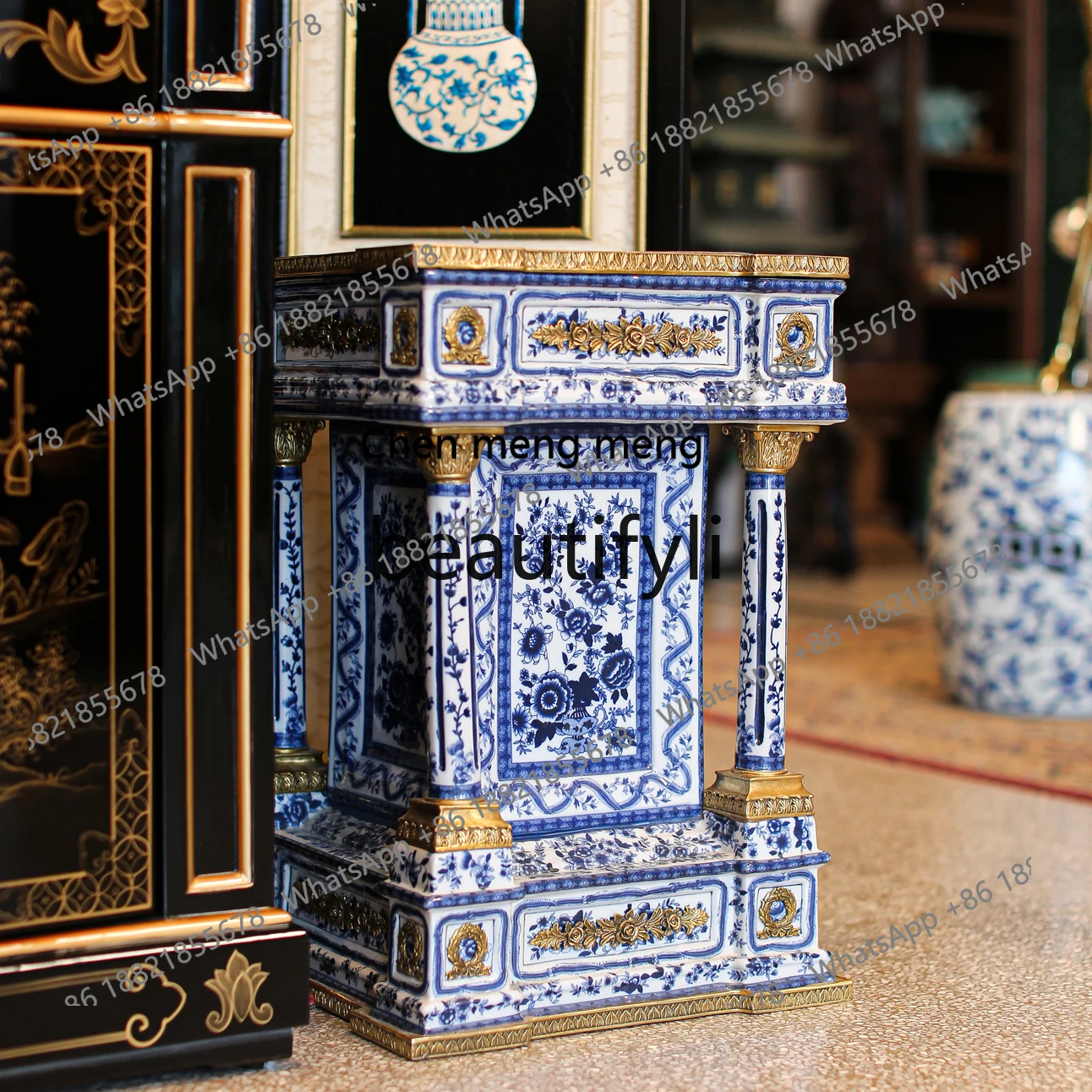 European-style villa luxury classical art hand-painted porcelain inlaid copper pier vase rack cabinetH