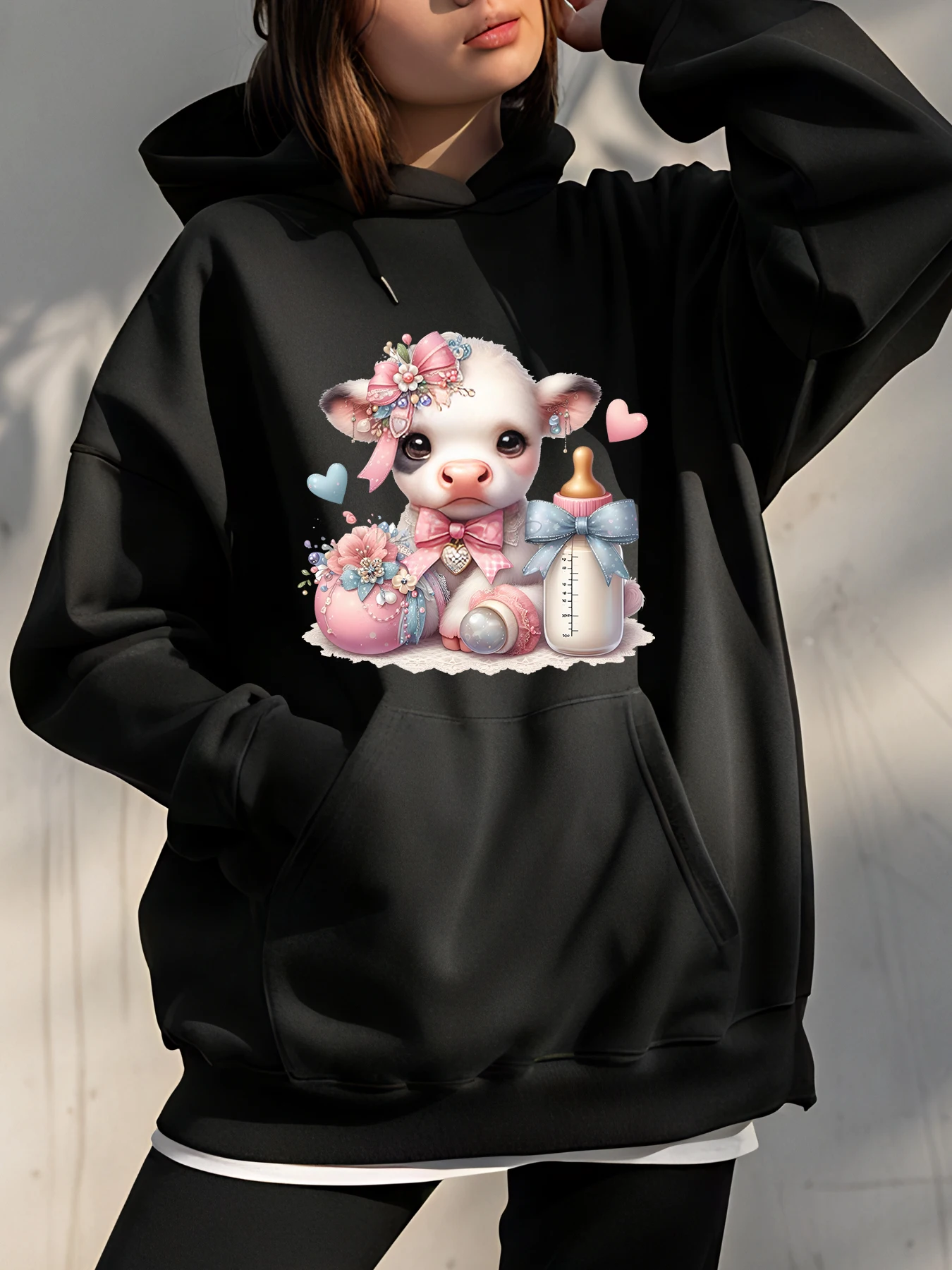 

Милая толстовка с принтом коровы, женская повседневная толстовка с рисунком животных, розовый бант, стиль детской бутылочки для девочек и подростков
