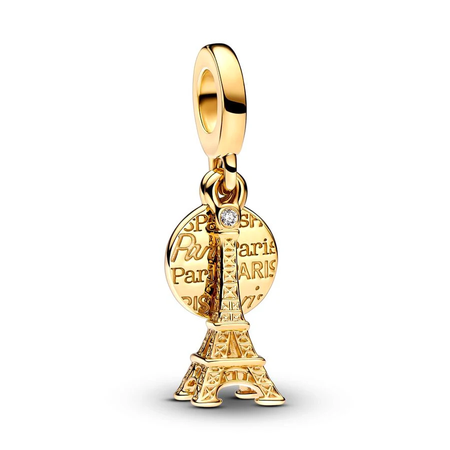 NEW Gold Plated Sparkling Bow、Safety Chain、Aris Eiffel Tower Dangle Charm Beads Fit Original Silver 925 Pandora Bracelet Jewelry