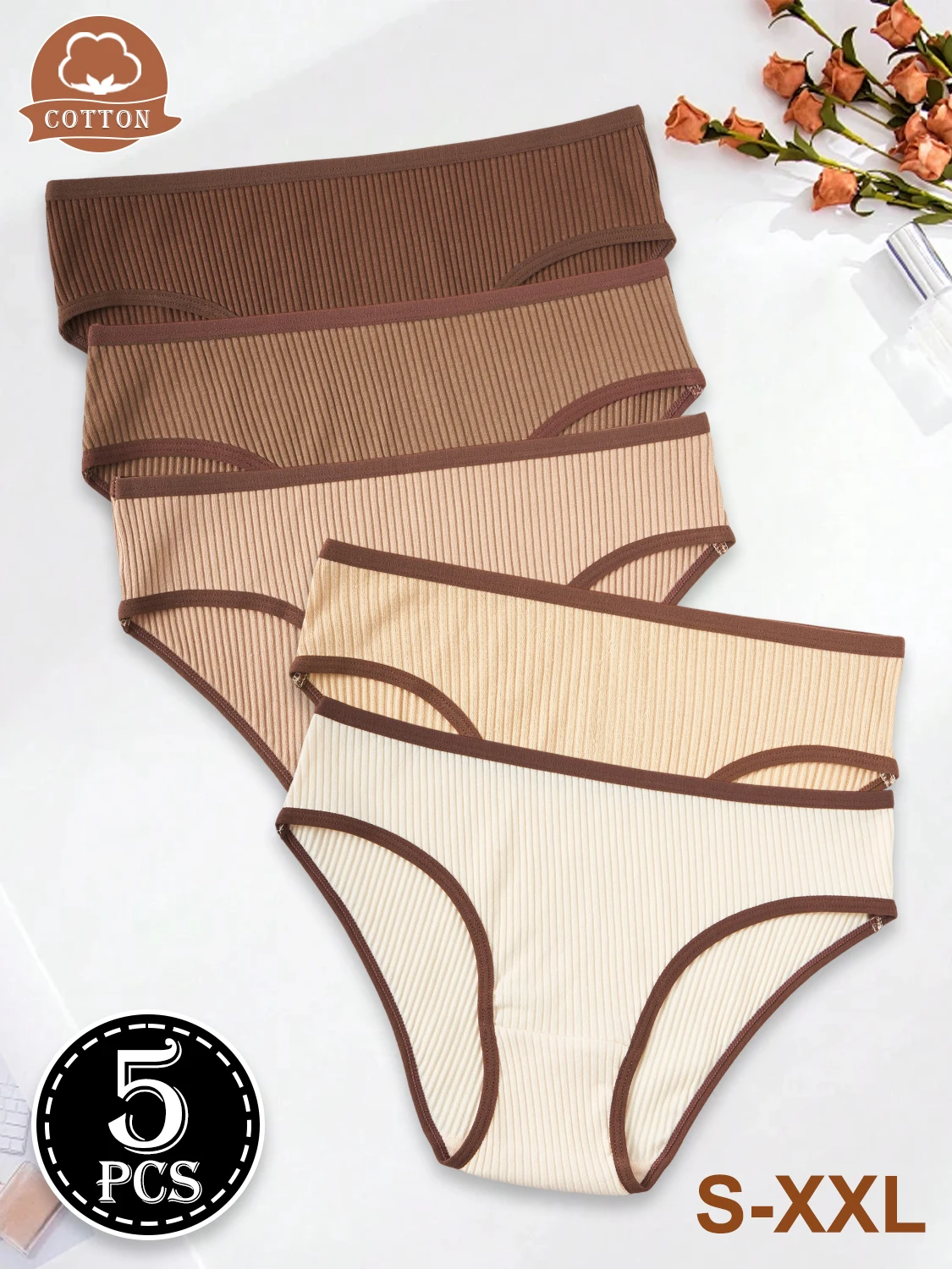 5PCS Maillard Color Sports Style Cotton Women's Panties Girls' Underwear Low-Rise Striped Breathable Female Soft Briefs Lingerie