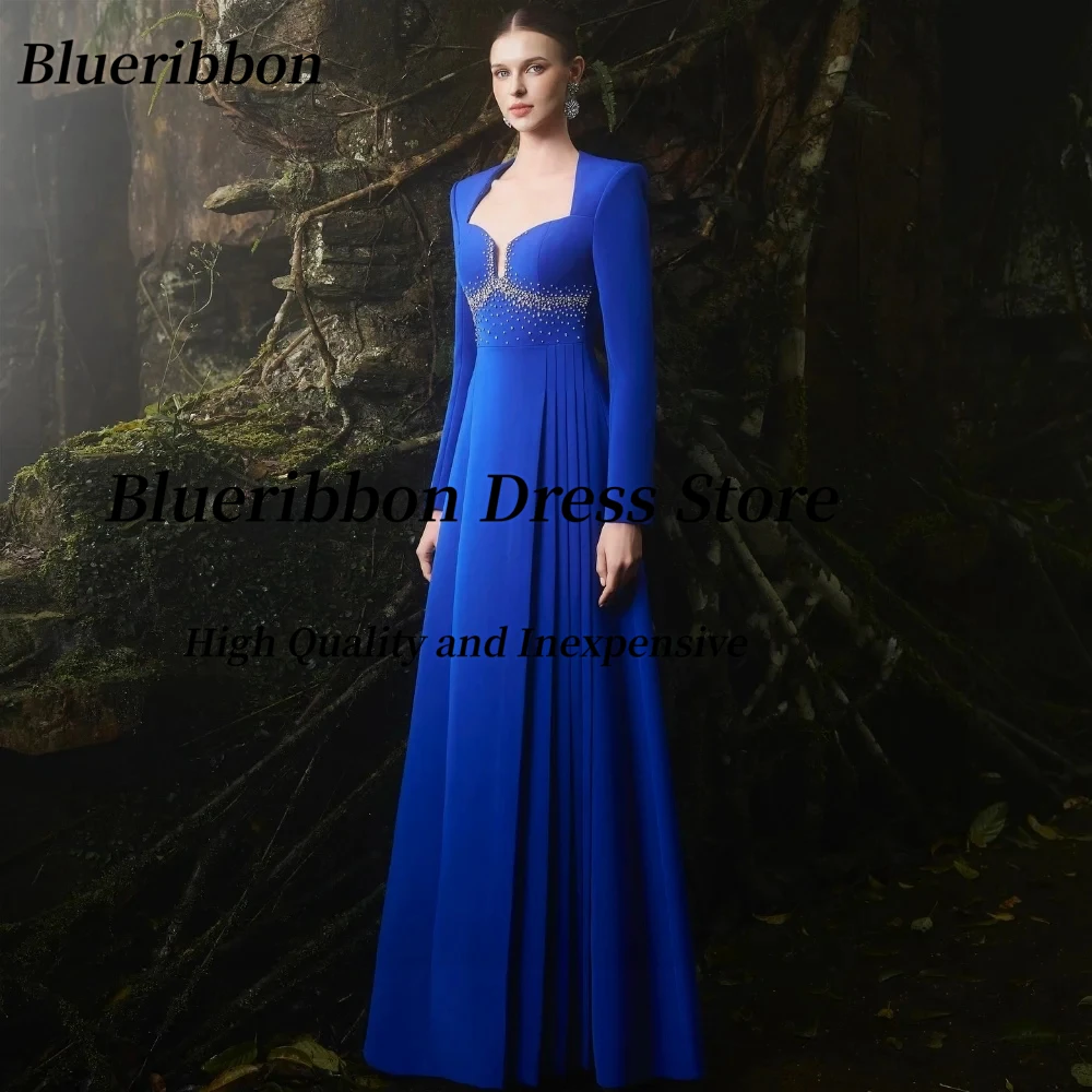 

Blueribbon Royal Blue Dresses for Evening Beaded Sash Long Sleeves Prom Dress Customized Square Neck Pleats Special Party Gowns