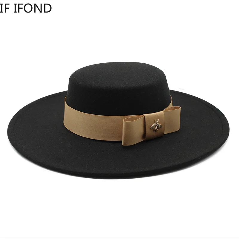 2022 Autumn Winter French Ladies White Bownot Flat Top Fedora Hat 10CM Brim Banquet Elegant Felt Hat Wedding Dress Cap