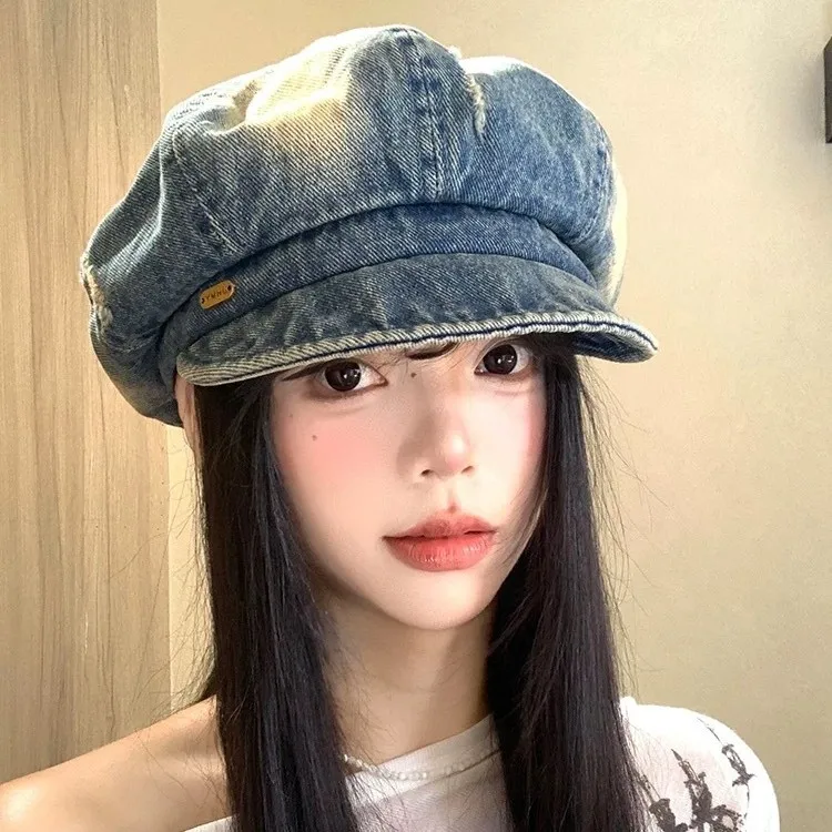 Y2K Big Head Flash Diamond Star Pin Denim Beret Hats for Women Spring Summer Niche Trend Retro Octagonal Short Brim Newsboy Cap
