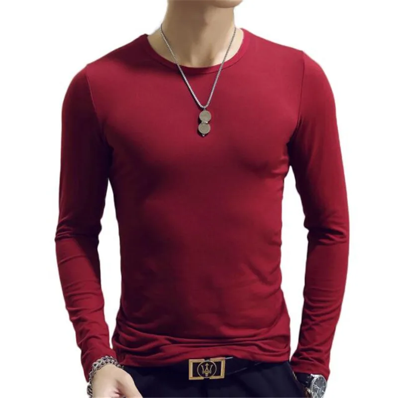 Spring Autumn Period Long Sleeve Cultivate One\'s Morality Men\'s T-shirt O-neck Solid Polyester T Shirt Men Red Blue Black