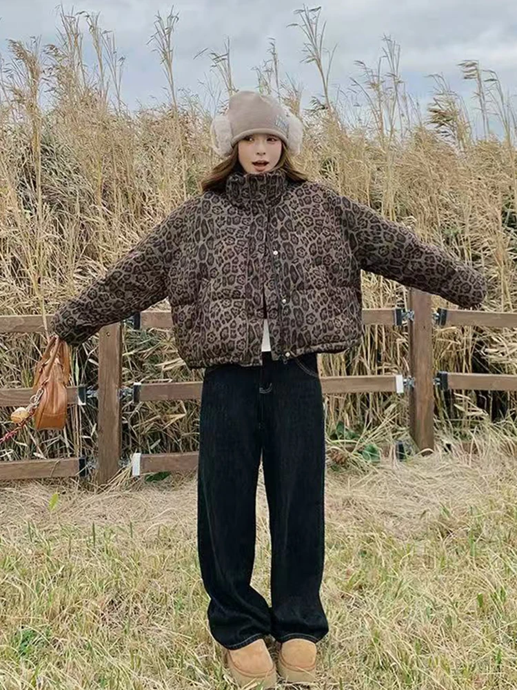 Vintage Leopard Print Parkas Coats Women Winter Warm Standing Collar Crop Down Jacket Y2K Streetwear All Match Zipper Outerwear