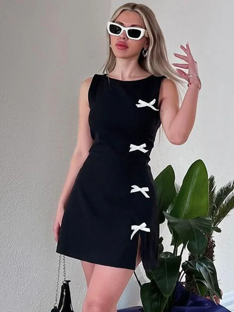 

Bow Contrast Color Slit Mini Dress Summer Women's Elegant Slim High Waist Round Neck Spliced Evening Dress Mini Dress