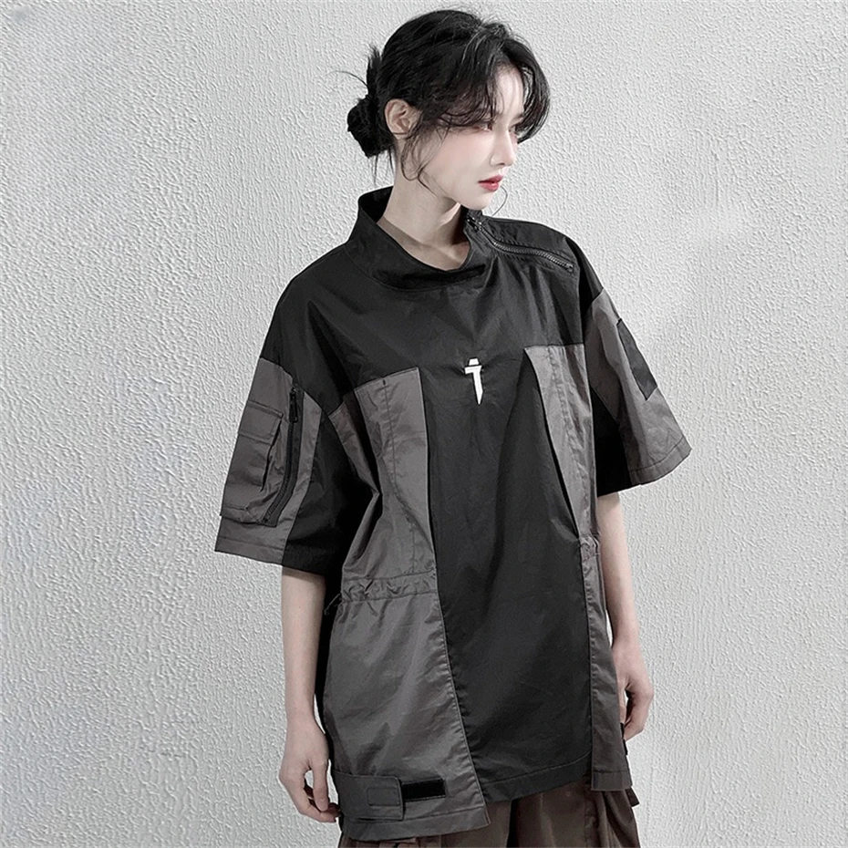 Techwear Cargo T-shirts Women Patchwork Punk Hip Hop Short Sleeve T Shirt Womens Multi Pocket Streetwear Casual Tee Shirts Tops