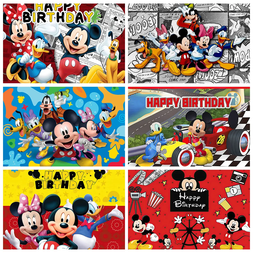 Disney Mickey Mouse Vinyl Backdrops Kids Happy 1st Birthday Party Decors Photography Background Baby Shower Banner Photo Booth