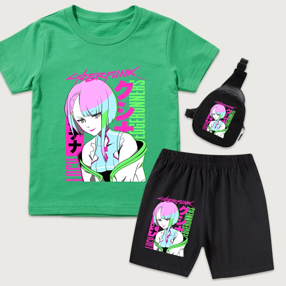 Kids Cyberpunk Edgerunners Lucy Anime Print Cotton T Shirt Shorts Mini Chest Bag 3 Piece Set for Boys Girls Casual Summer Outfit