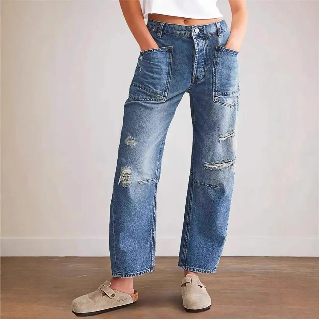 

Vintage Ripped Straight Leg Jeans with Casual Patchwork and Loose Denim Pants