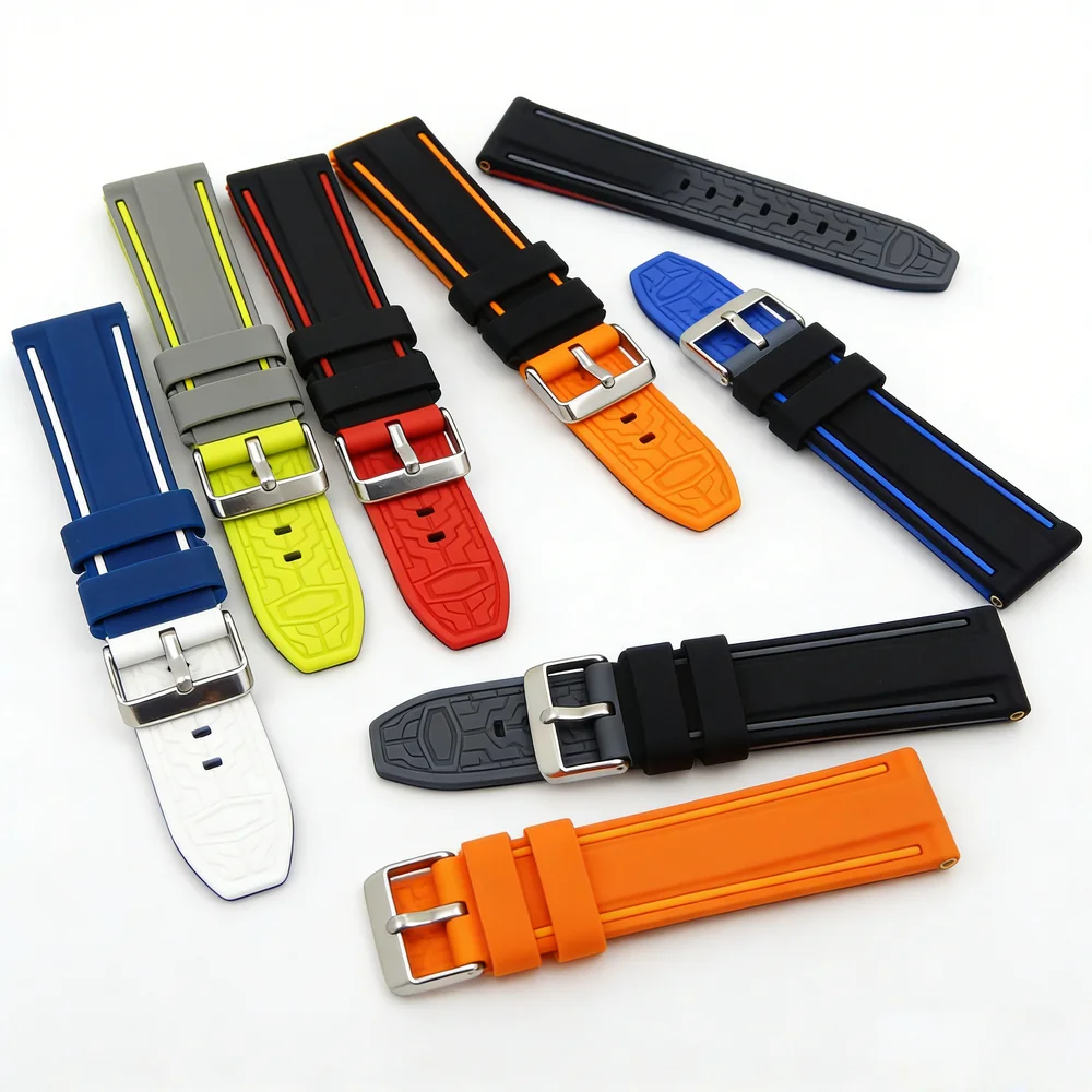 Soft Rubber Sport Watch Band Diver Waterproof Silicone Watch Strap Double Colors Black Blue Red Orange 20mm 22mm 24mm