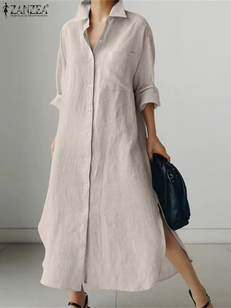 ZANZEA Fashion Solid Color Dress Lapel Neck Long Sleeve Shirtdress Spring Women Elegant Loose Vestidos Vintage Loose Maxi Robe