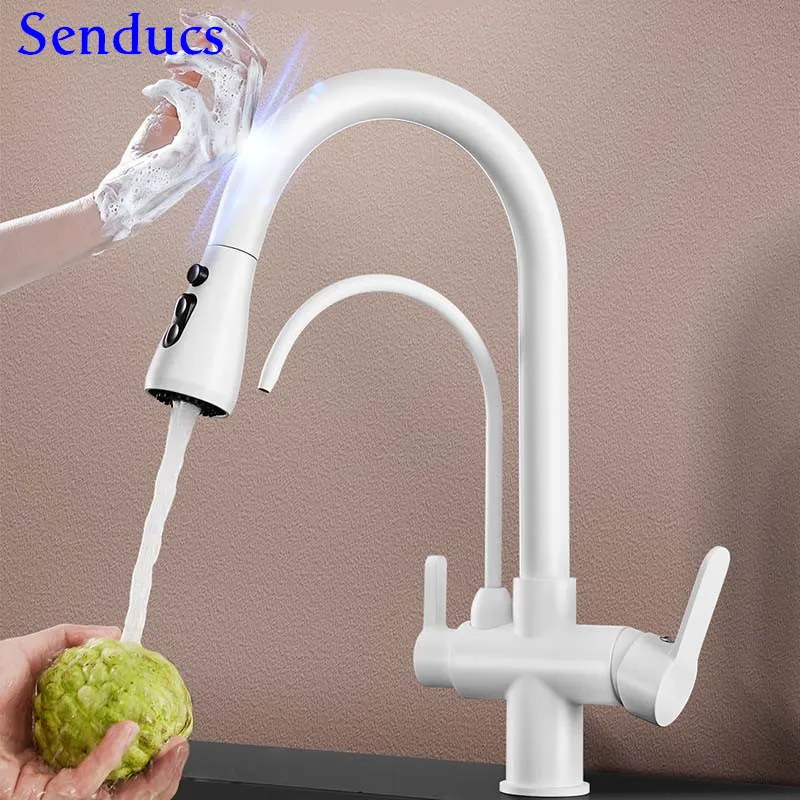 White Touch Filter Kitchen Faucets with Pull Down Sprayer Hot Cold Pull Out Kitchen Mixer Tap Sensor Touch Filter Kitchen Faucet