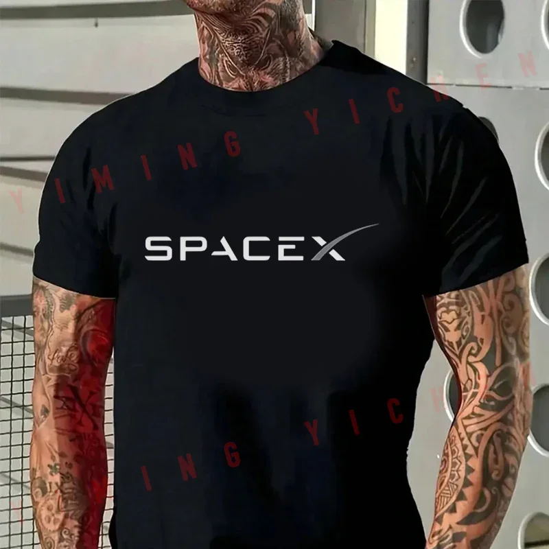 Men T-Shirt Spacex Lettering With Silver Accent Curved Design Moto Cotton O-neck Short Sleeve Fashion Tees