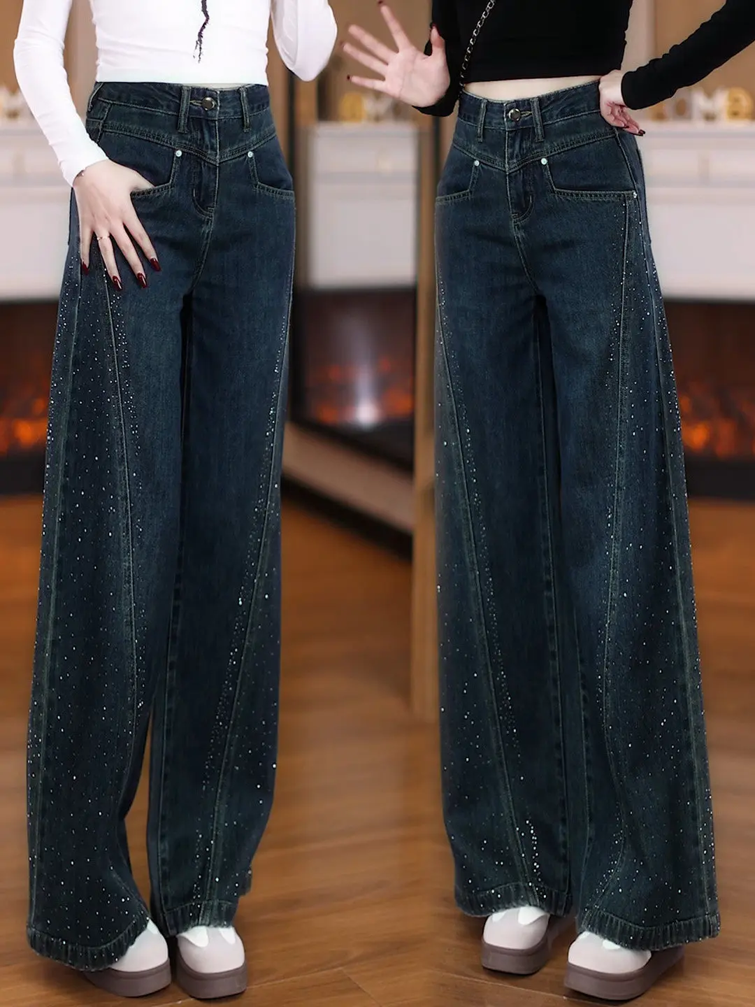 

Fashionable High Waist Wide Leg Denim Jeans Women's Spring 2026 New Style Slimming Short Casual Straight Cut Diamond Embellished